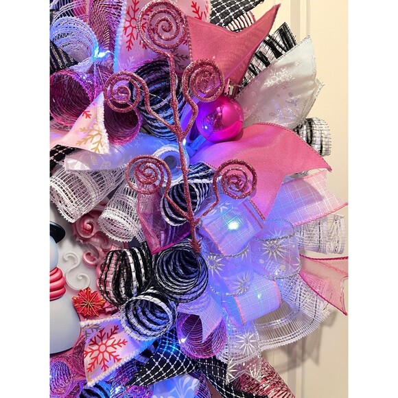Handmade Bright Top Hat Snowman Holiday Ribbon Door Wreath 22 ins W68 Pink Black - Picture 7 of 12
